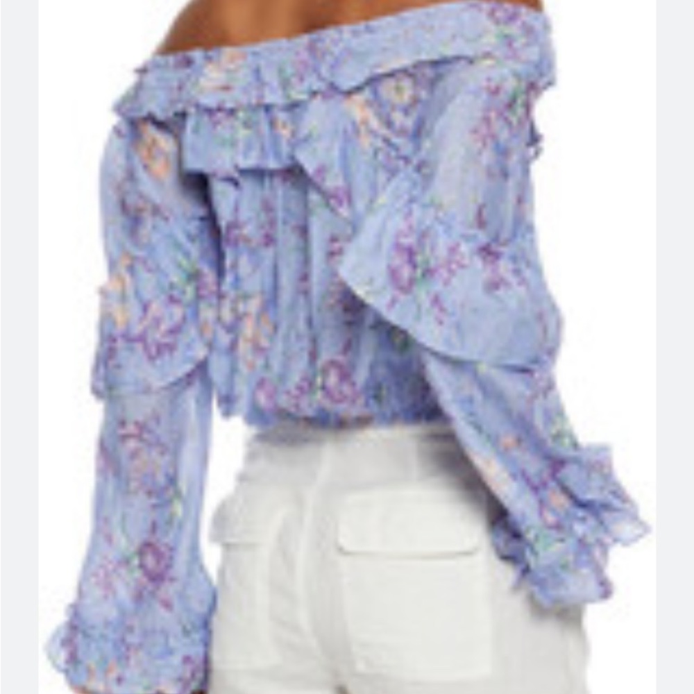 LoveShackFancy Lavender Floral Off-Shoulder Crop Top - Picture 2 of 5
